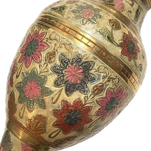Vintage 1960s Solid Brass Enameled Ruffled Edge Vase Flowers India Hand Painted - Picture 4 of 8